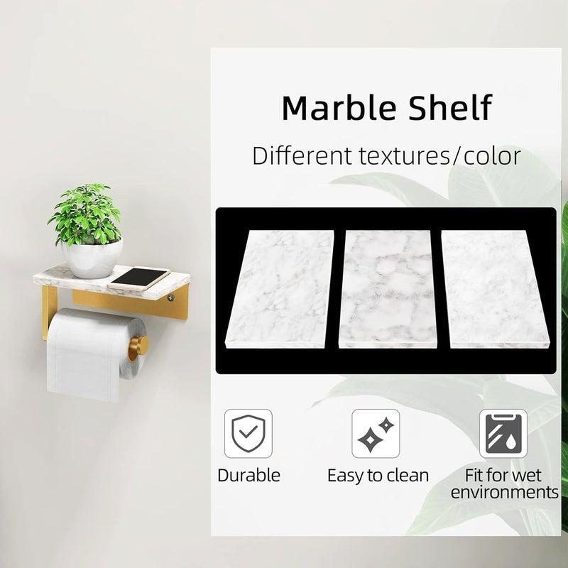 Gypie Brushed Gold Toilet Paper Holder with Natural Marble Shelf, 304 Stainless Steel Screw Wall Mounted, Tissue Roll Paper Holder Dispenser for Bathroom Washroom - Image 3